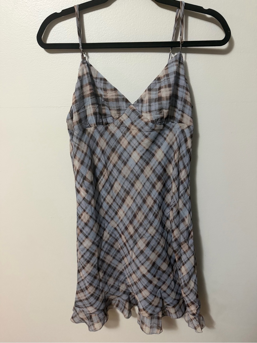 Princess Polly Milada Mini Dress Blue Multi Plaid Slip Dress Ruffle Hem NWT